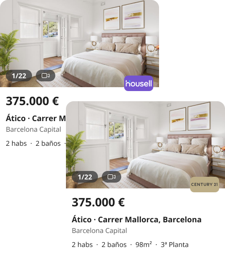 Ejemplo ficticio de dos anuncios duplicados en Fotocasa