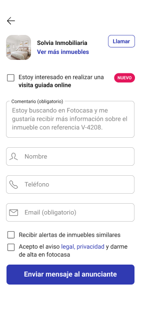 Formulario de contacto de Fotocasa