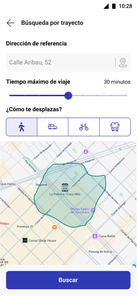 Pantalla en la que se muestra la búsqueda por tiempo de trayecto