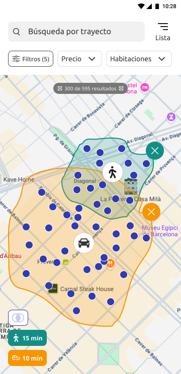 Resultado de una doble búsqueda por tiempo de trayecto